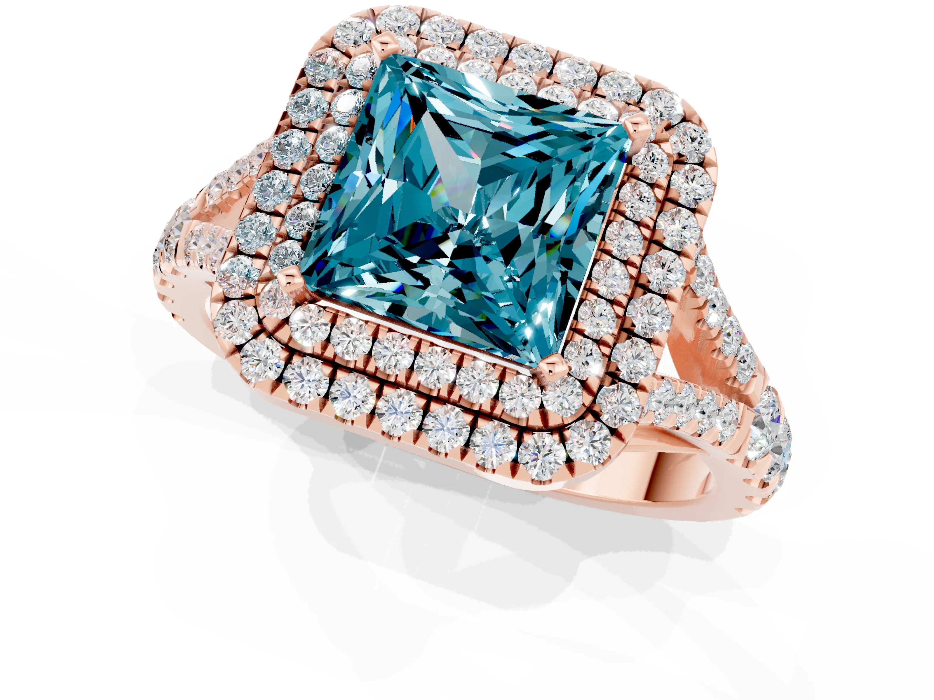 Rose gold Princess Cut Blue Topaz Pavé Split Shank Double Halo Engagement Ring_1