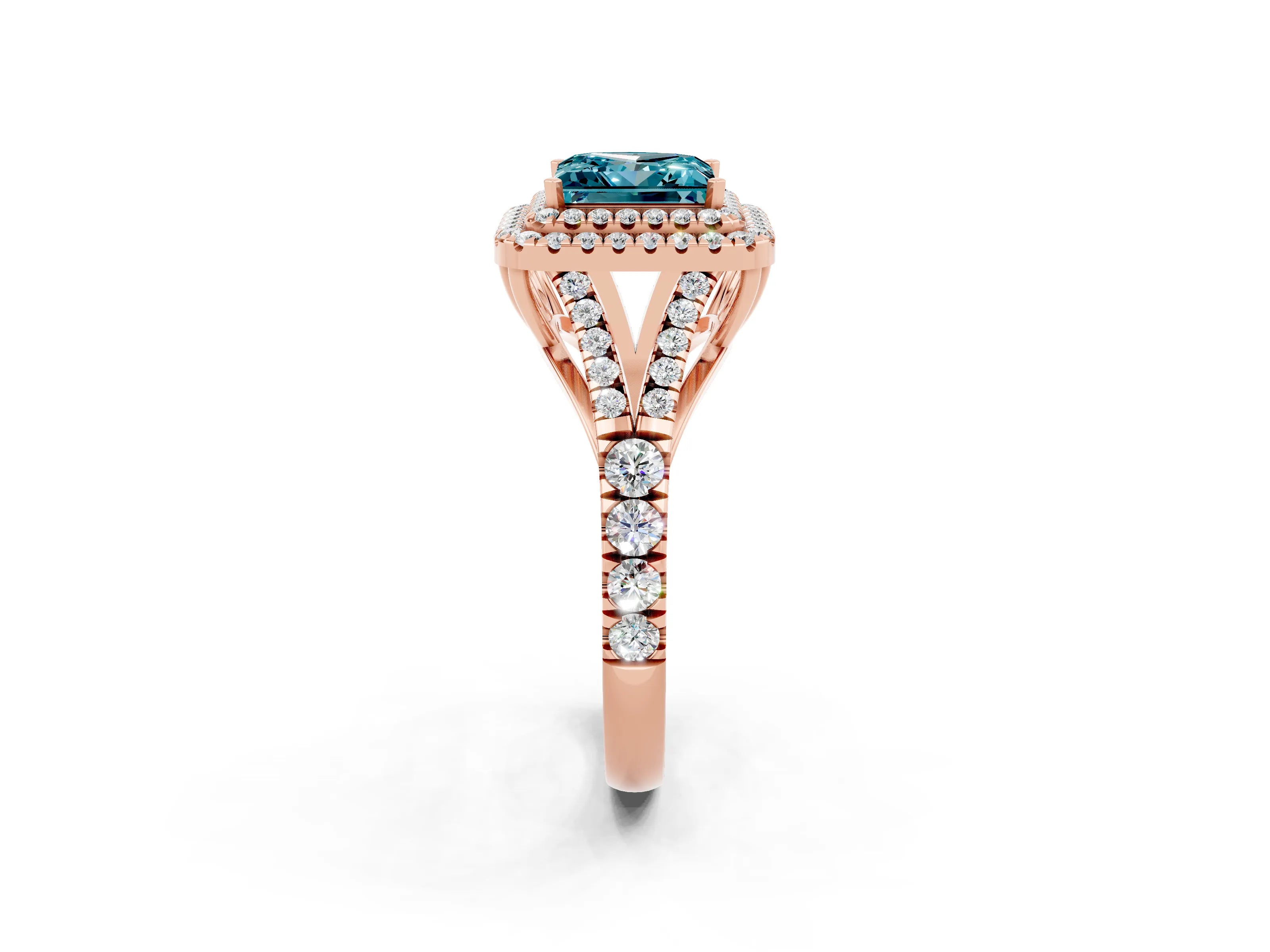 Rose gold Princess Cut Blue Topaz Pavé Split Shank Double Halo Engagement Ring_2