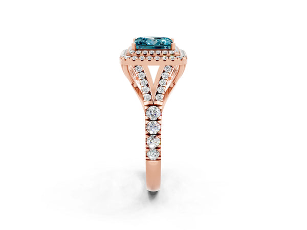 Rose gold Princess Cut Blue Topaz Pavé Split Shank Double Halo Engagement Ring