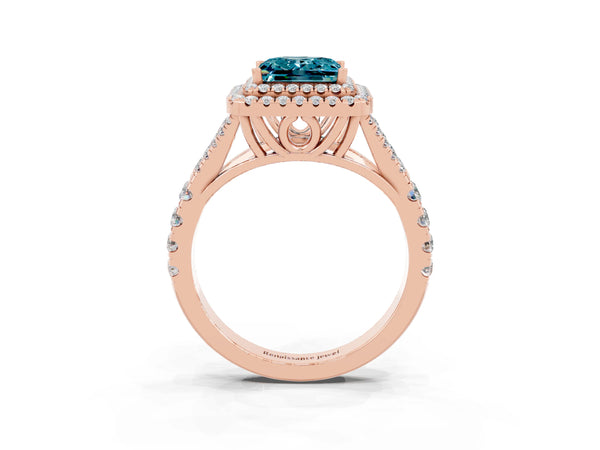 Rose gold Princess Cut Blue Topaz Pavé Split Shank Double Halo Engagement Ring