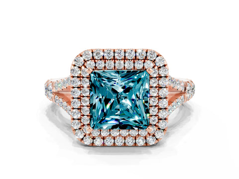 Rose gold Princess Cut Blue Topaz Pavé Split Shank Double Halo Engagement Ring