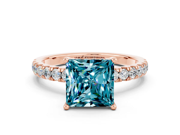 Rose gold Princess Cut Blue Topaz Pave Band Solitaire Ring with Round  and Prong Setting