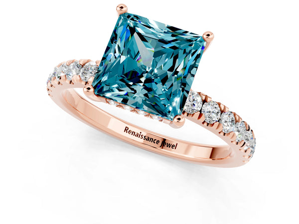 Rose gold Princess Cut Blue Topaz Pave Band Solitaire Ring with Round  and Prong Setting