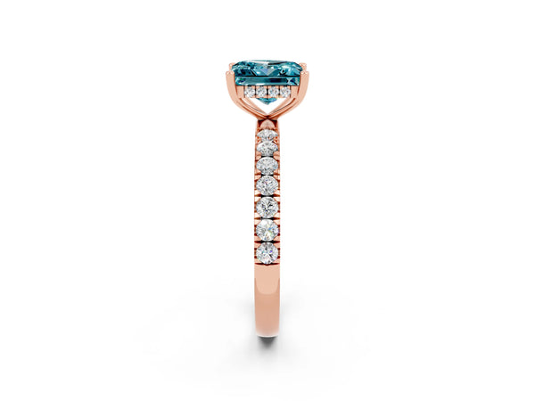 Rose gold Princess Cut Blue Topaz Pave Band Solitaire Ring with Round  and Prong Setting