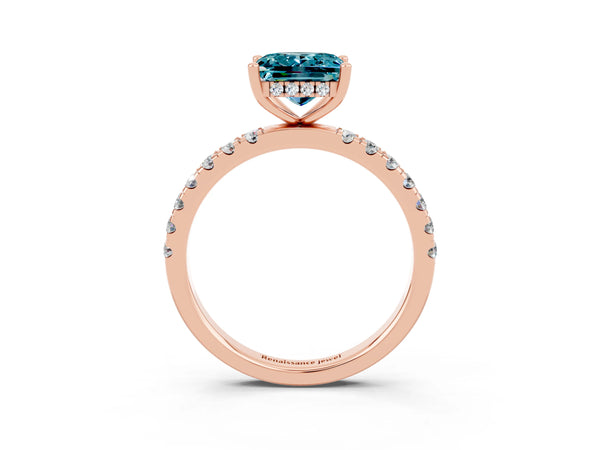 Rose gold Princess Cut Blue Topaz Pave Band Solitaire Ring with Round  and Prong Setting