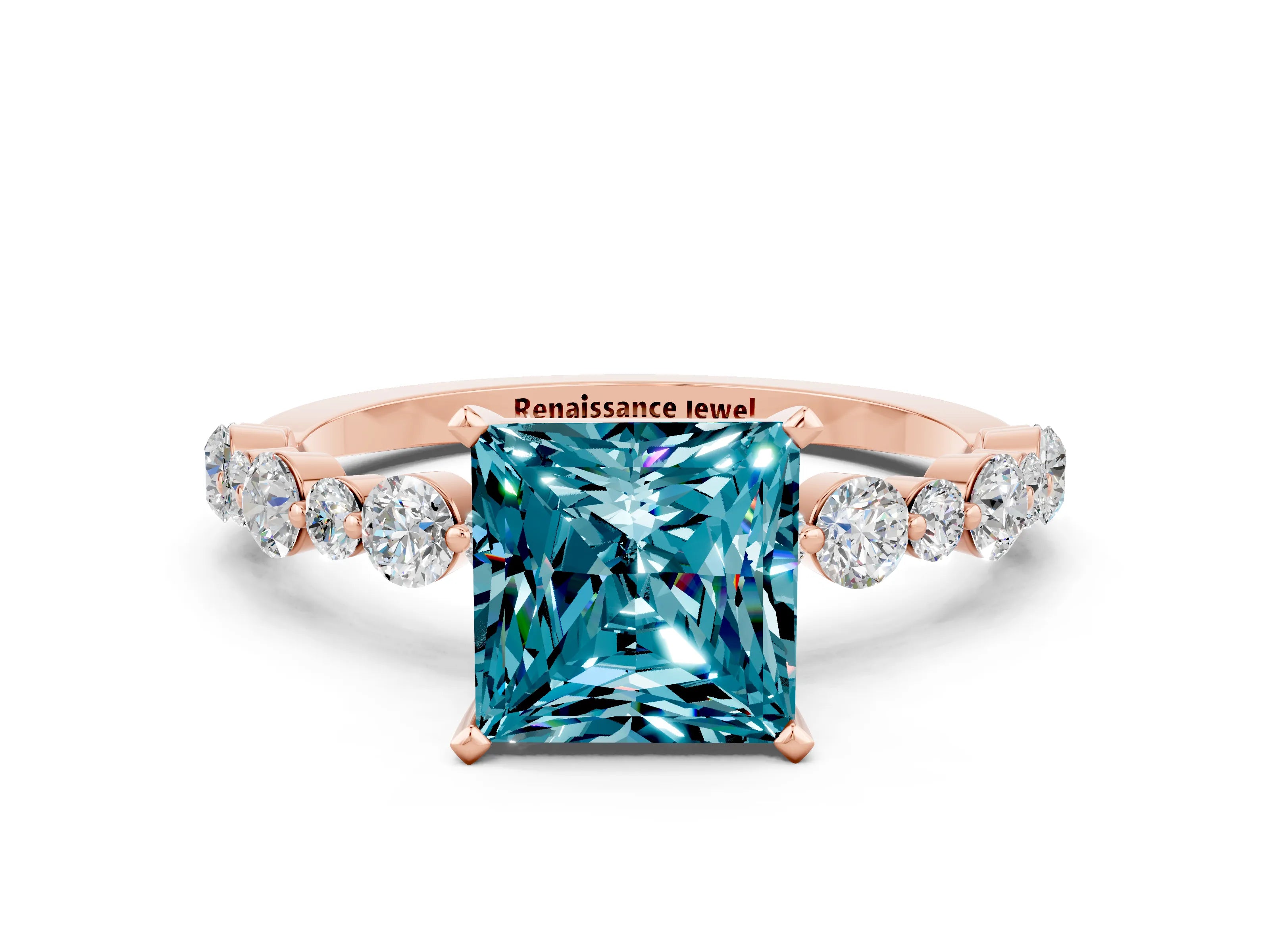 Rose gold Princess Cut Blue Topaz Prong Set Engagement Ring with Pavé Band
