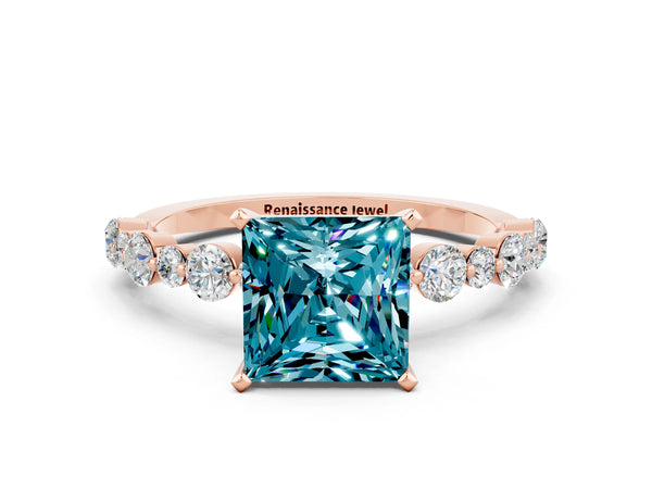 Rose gold Princess Cut Blue Topaz Prong Set Engagement Ring with Pavé Band