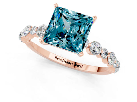 Rose gold Princess Cut Blue Topaz Prong Set Engagement Ring with Pavé Band_1