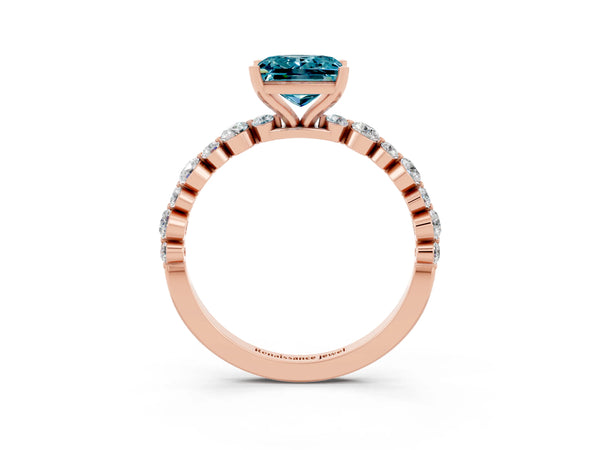 Rose gold Princess Cut Blue Topaz Prong Set Engagement Ring with Pavé Band