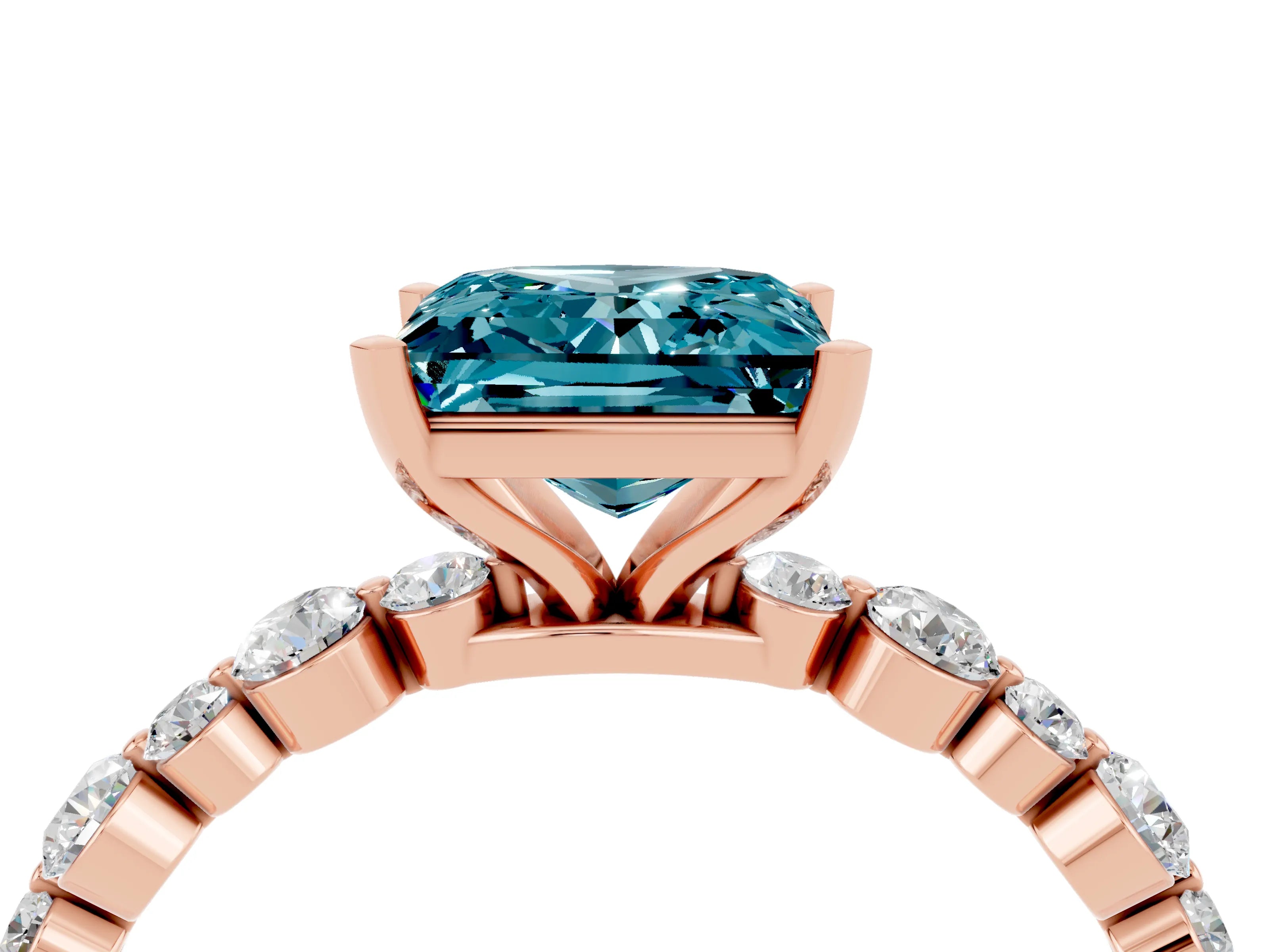 Rose gold Princess Cut Blue Topaz Prong Set Engagement Ring with Pavé Band_4