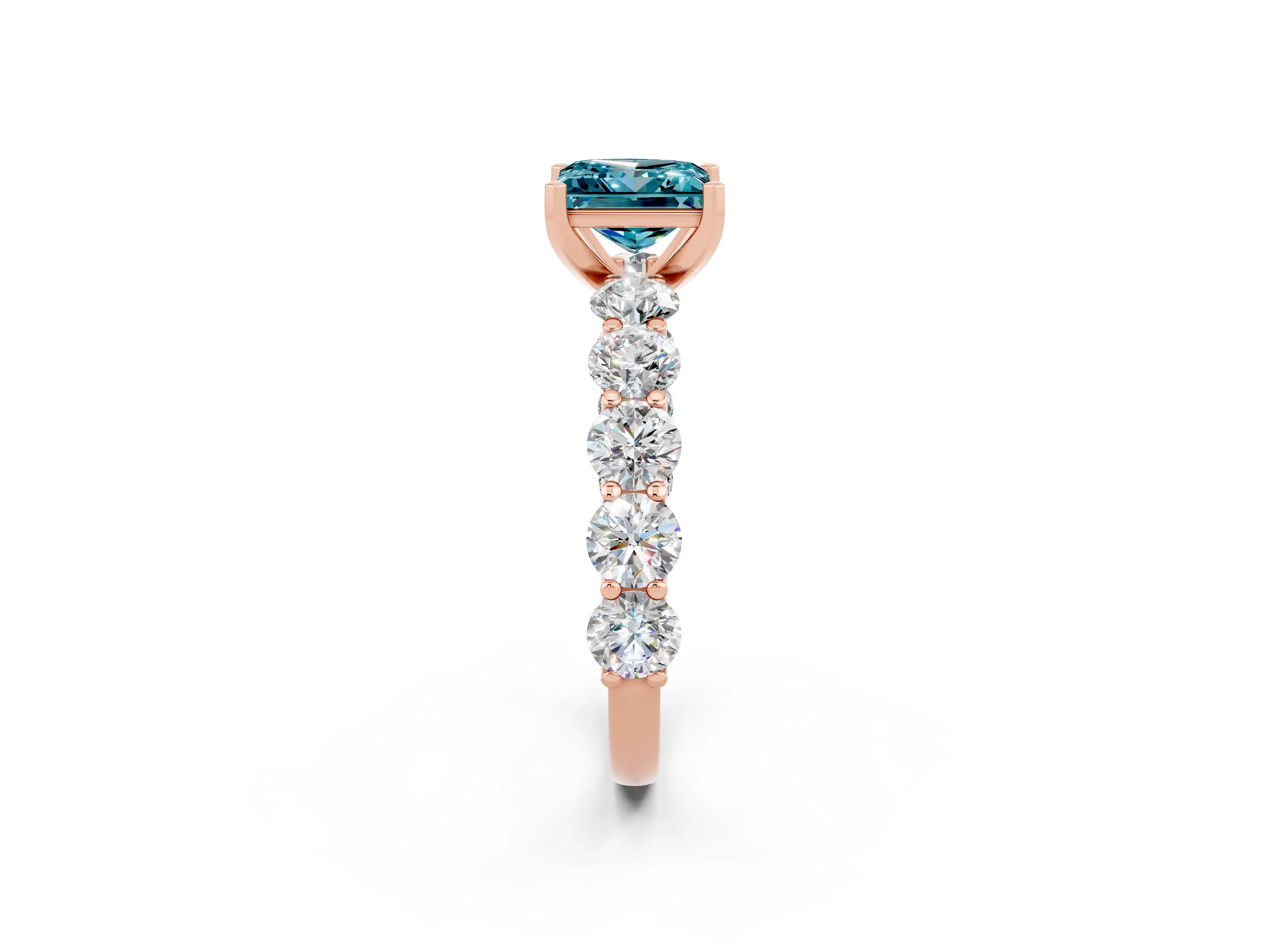 Rose gold Princess Cut Blue Topaz Prong Setting with Side Stones on a Pave Band_2