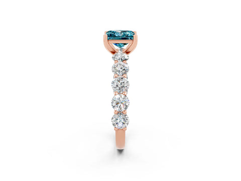 Rose gold Princess Cut Blue Topaz Prong Setting with Side Stones on a Pave Band_2
