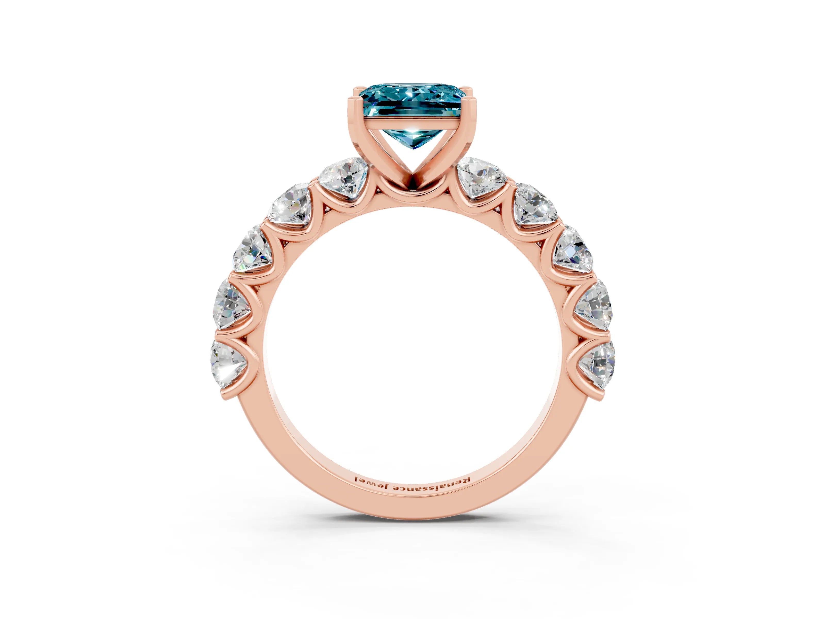 Rose gold Princess Cut Blue Topaz Prong Setting with Side Stones on a Pave Band_3