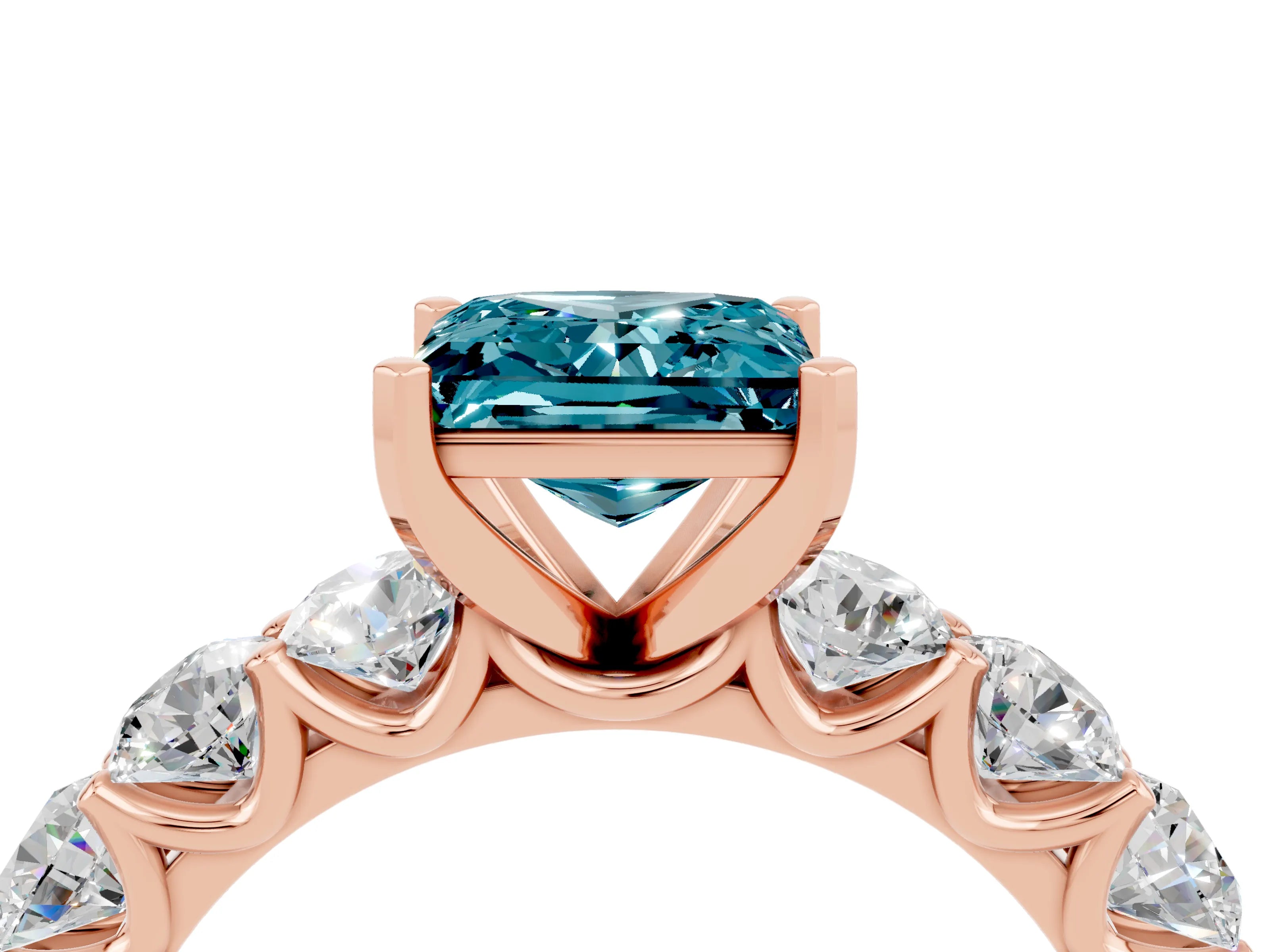 Rose gold Princess Cut Blue Topaz Prong Setting with Side Stones on a Pave Band_4