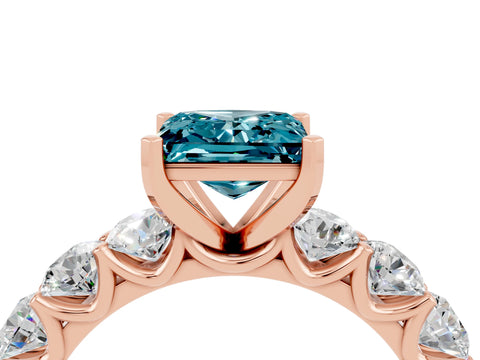 Rose gold Princess Cut Blue Topaz Prong Setting with Side Stones on a Pave Band_4