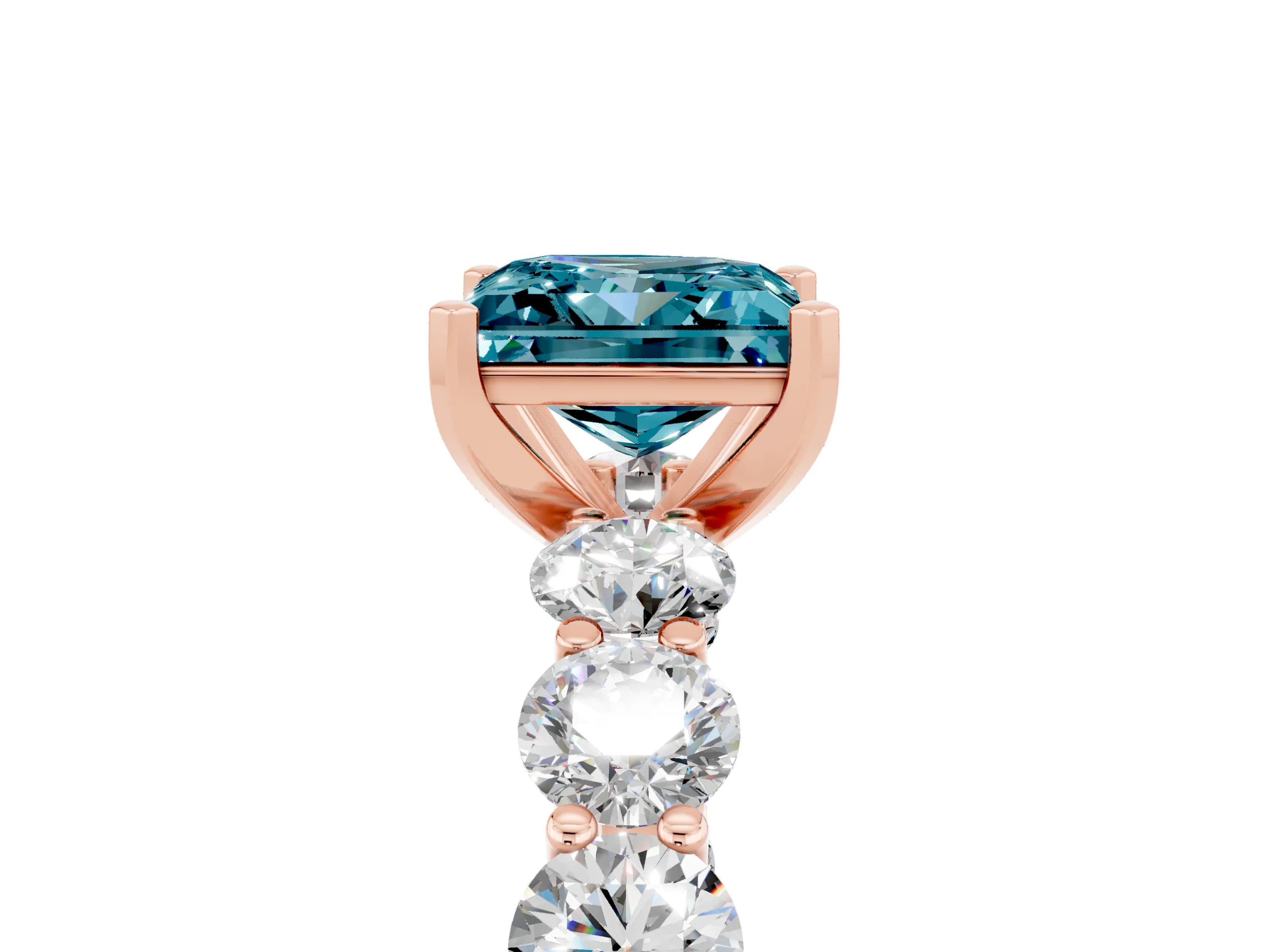 Rose gold Princess Cut Blue Topaz Prong Setting with Side Stones on a Pave Band_5