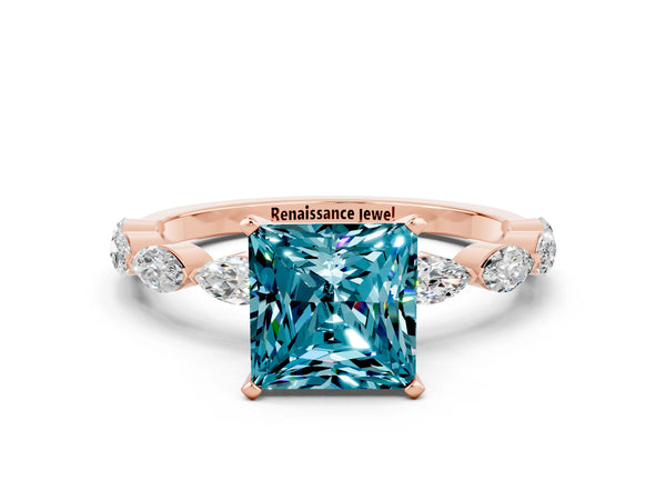 Rose gold Princess Cut Blue Topaz Ring with Marquise Side Stones and Prong Setting