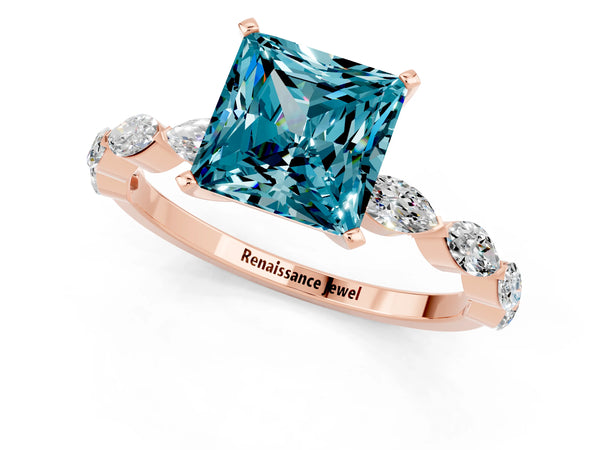 Rose gold Princess Cut Blue Topaz Ring with Marquise Side Stones and Prong Setting