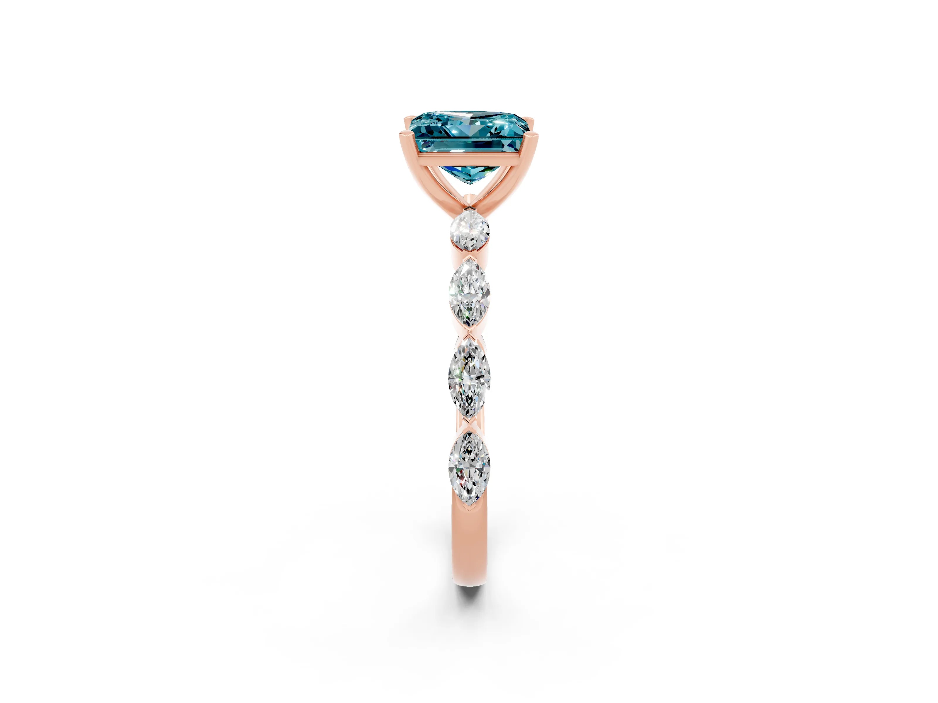 Rose gold Princess Cut Blue Topaz Ring with Marquise Side Stones and Prong Setting_2