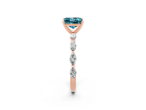 Rose gold Princess Cut Blue Topaz Ring with Marquise Side Stones and Prong Setting