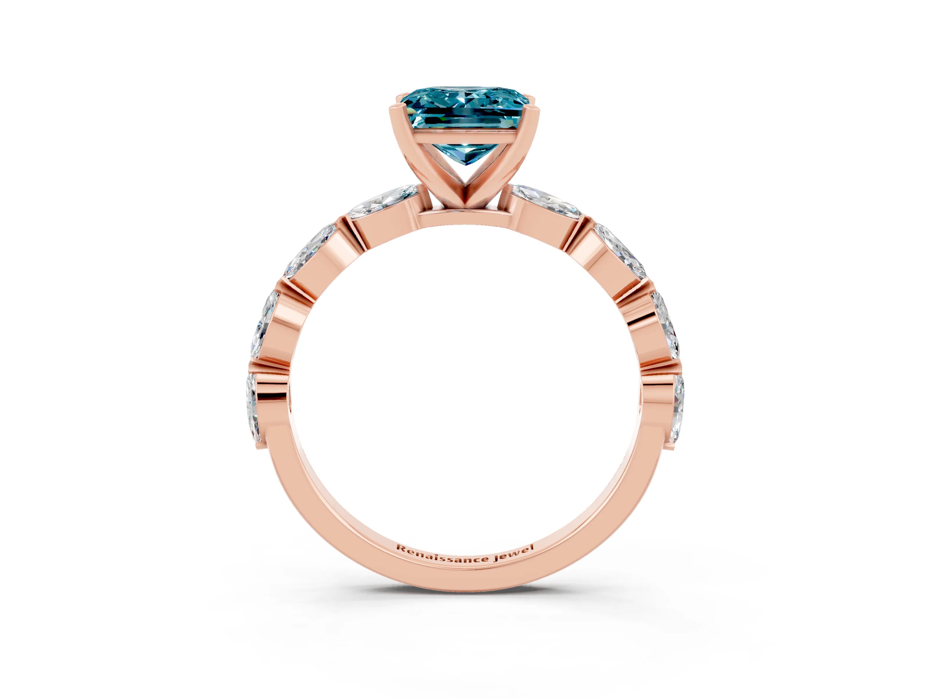 Rose gold Princess Cut Blue Topaz Ring with Marquise Side Stones and Prong Setting_3