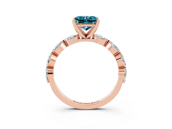 Rose gold Princess Cut Blue Topaz Ring with Marquise Side Stones and Prong Setting