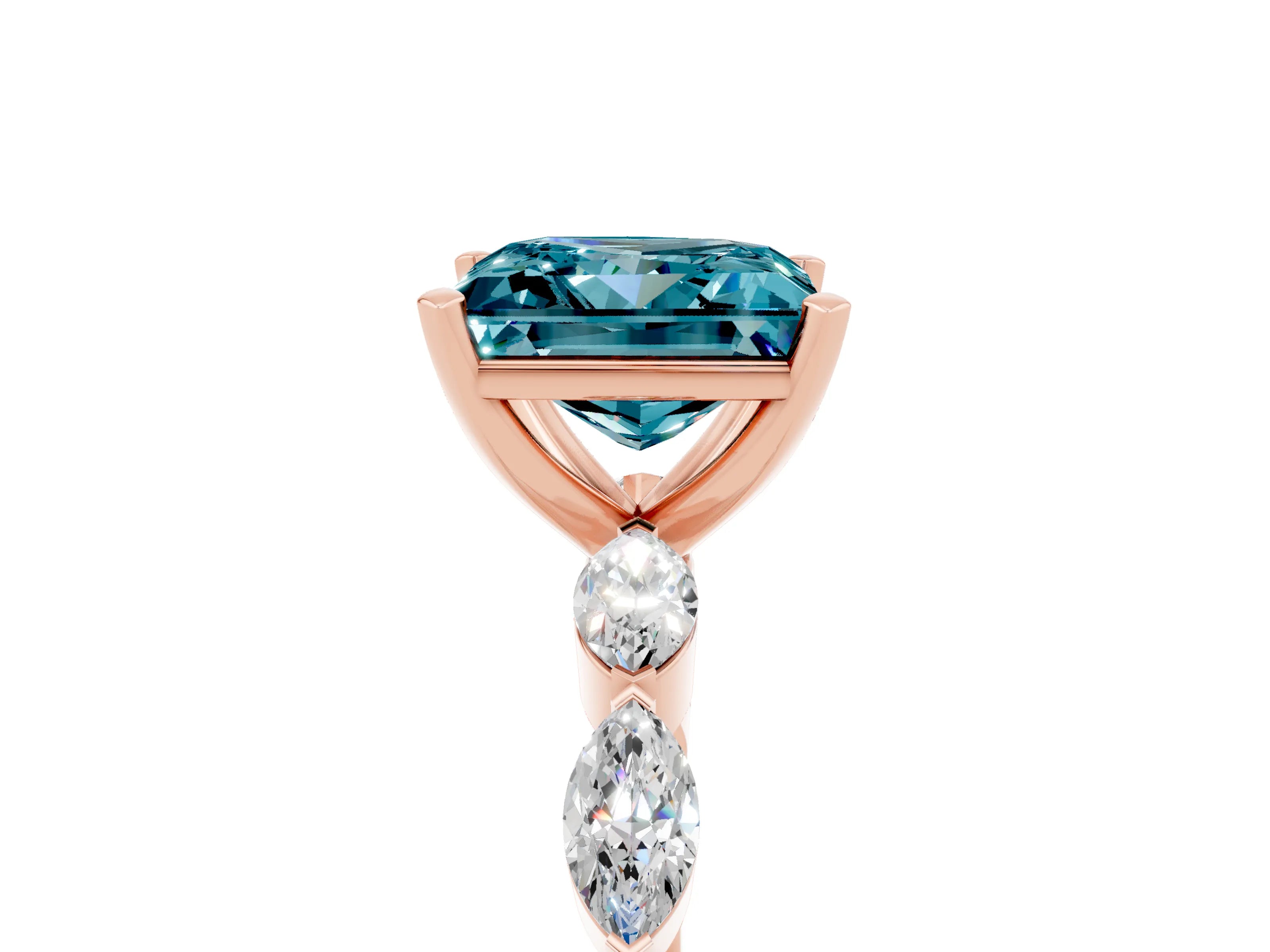 Rose gold Princess Cut Blue Topaz Ring with Marquise Side Stones and Prong Setting_5