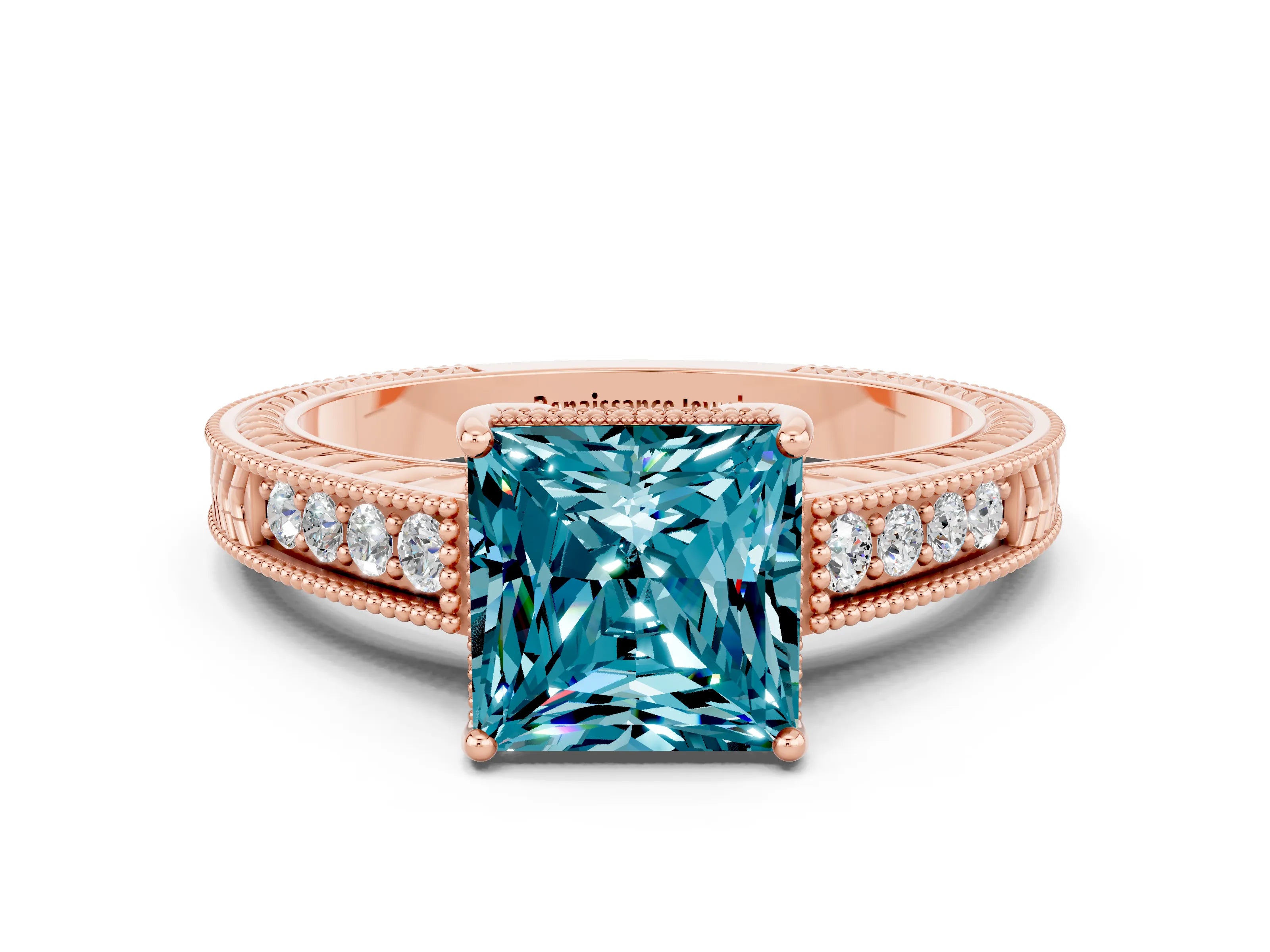 Rose gold Princess Cut Blue Topaz Ring with Milgrain Pavé Band and Four-Prong Setting_12