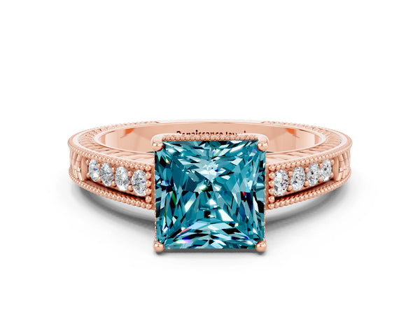 Rose gold Princess Cut Blue Topaz Ring with Milgrain Pavé Band and Four-Prong Setting