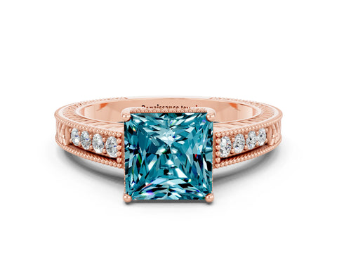 Rose gold Princess Cut Blue Topaz Ring with Milgrain Pavé Band and Four-Prong Setting_12