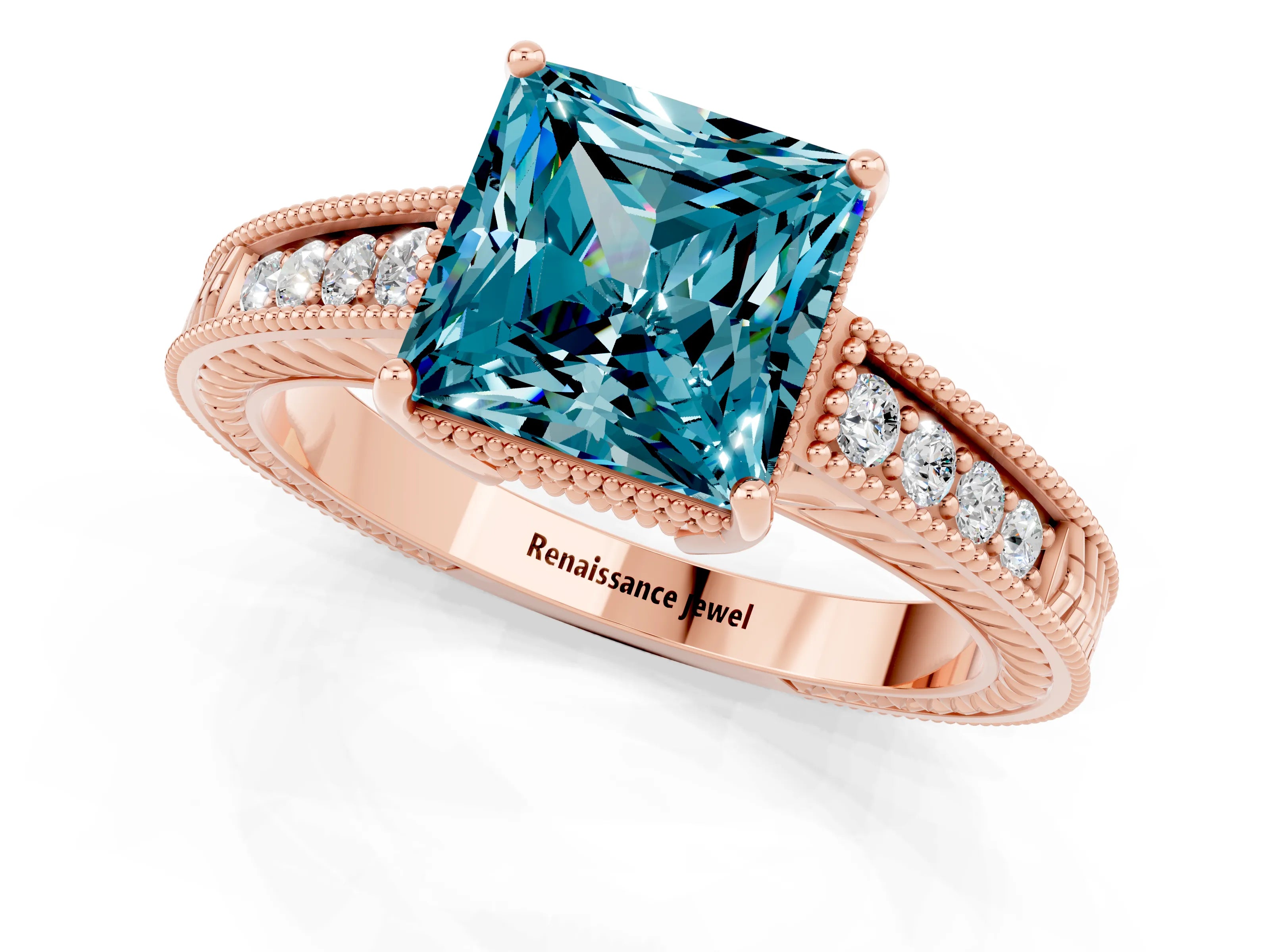 Rose gold Princess Cut Blue Topaz Ring with Milgrain Pavé Band and Four-Prong Setting_13