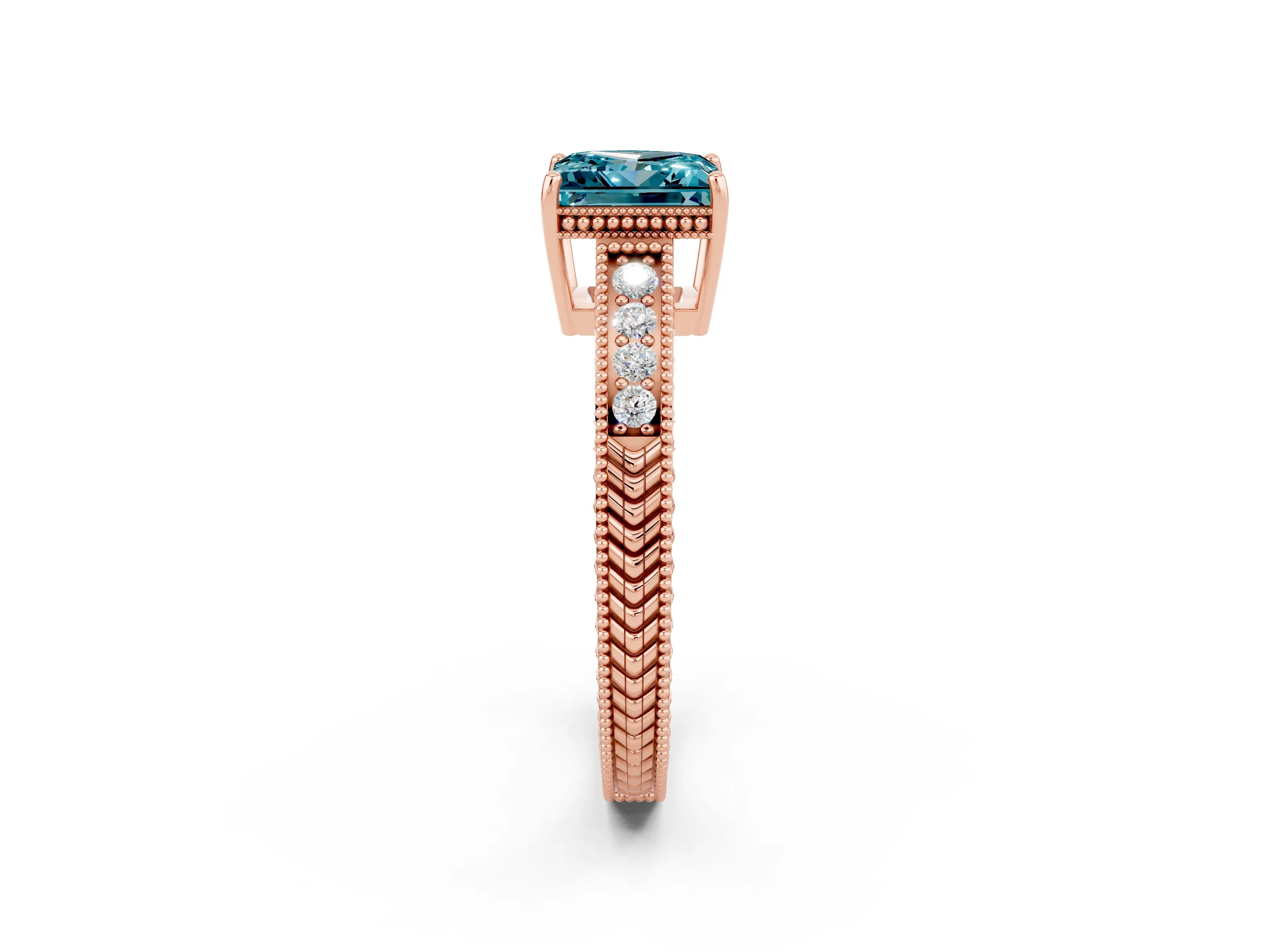 Rose gold Princess Cut Blue Topaz Ring with Milgrain Pavé Band and Four-Prong Setting_14