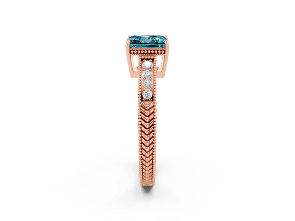 Rose gold Princess Cut Blue Topaz Ring with Milgrain Pavé Band and Four-Prong Setting