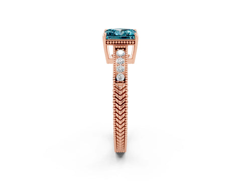 Rose gold Princess Cut Blue Topaz Ring with Milgrain Pavé Band and Four-Prong Setting_14
