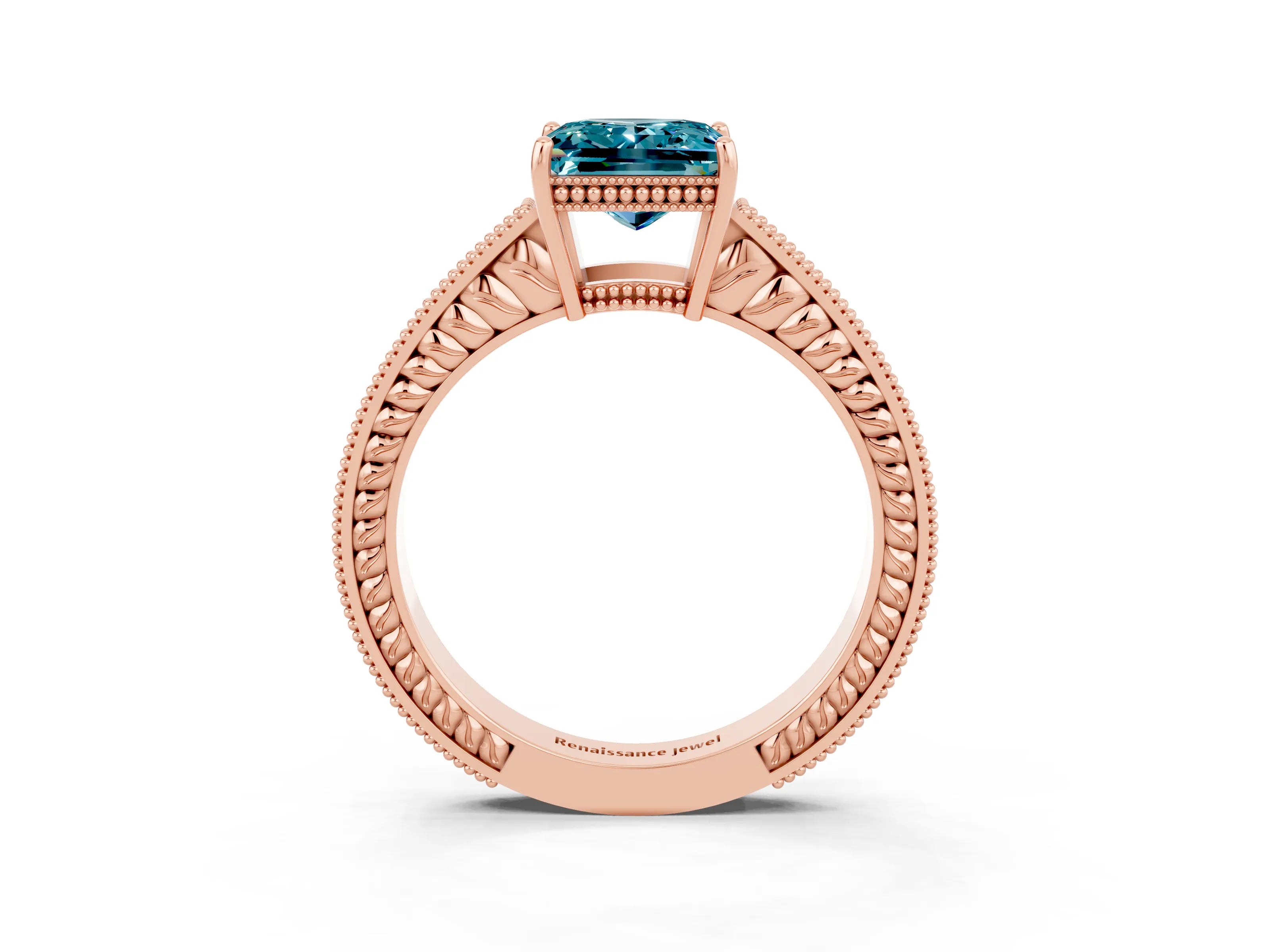 Rose gold Princess Cut Blue Topaz Ring with Milgrain Pavé Band and Four-Prong Setting_15