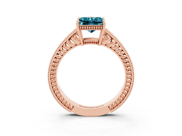 Rose gold Princess Cut Blue Topaz Ring with Milgrain Pavé Band and Four-Prong Setting