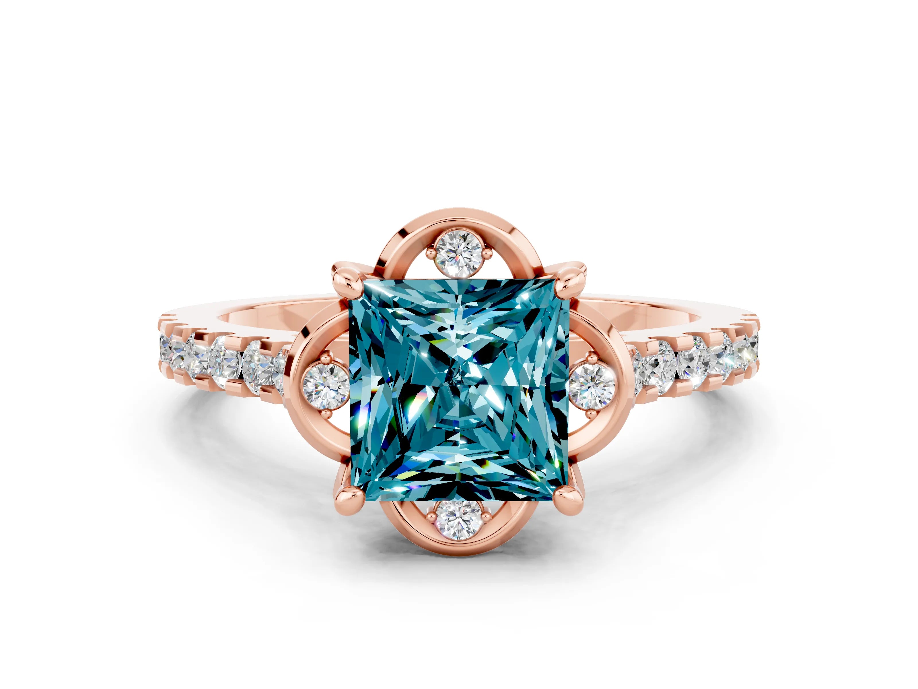 Rose gold Princess Cut Blue Topaz Ring with Pavé Band and Floral Prong Setting