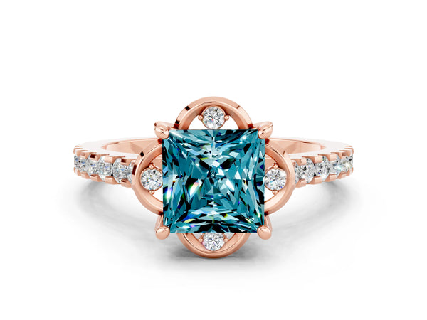 Rose gold Princess Cut Blue Topaz Ring with Pavé Band and Floral Prong Setting