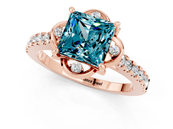 Rose gold Princess Cut Blue Topaz Ring with Pavé Band and Floral Prong Setting