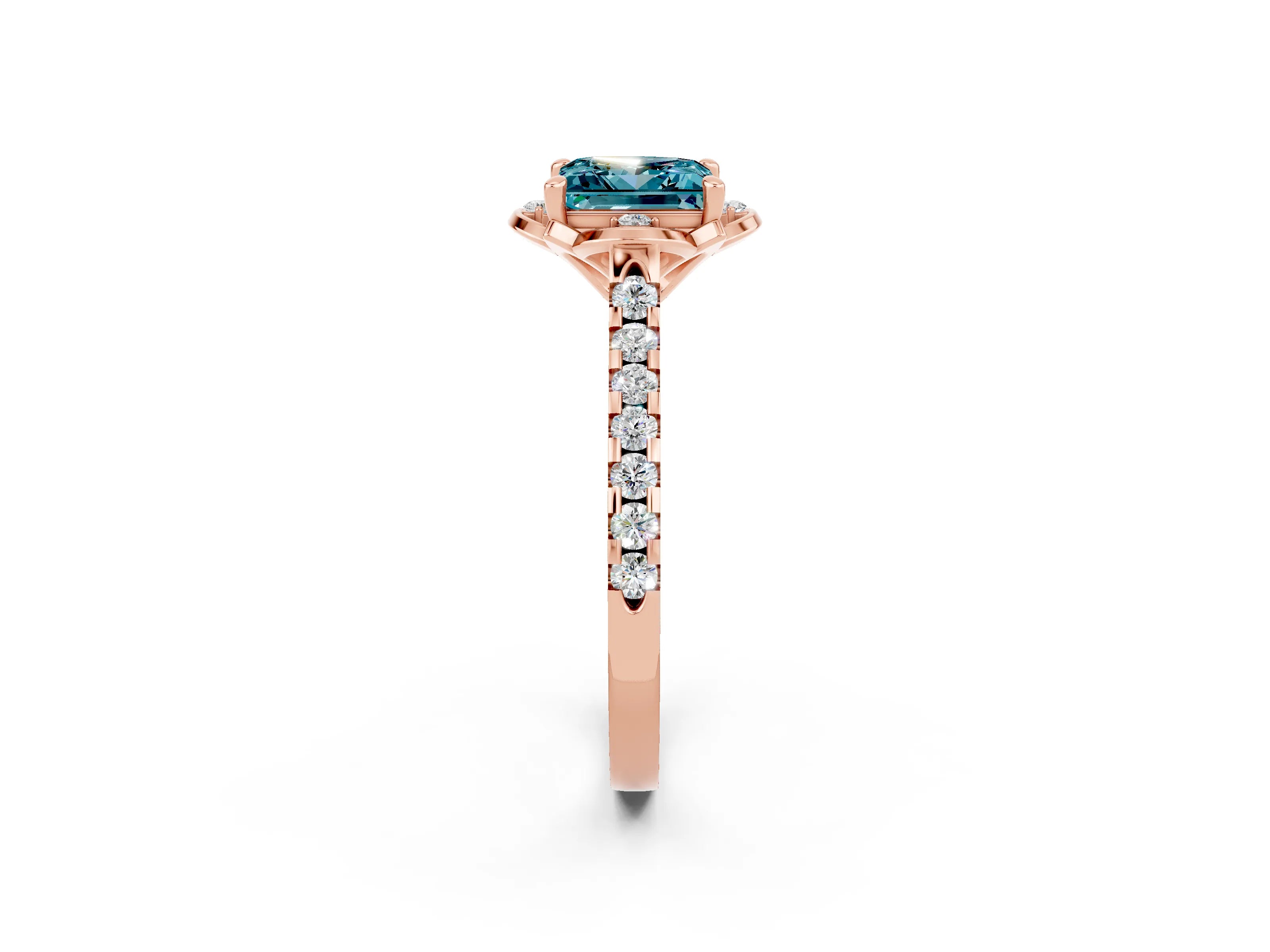 Rose gold Princess Cut Blue Topaz Ring with Pavé Band and Floral Prong Setting_2
