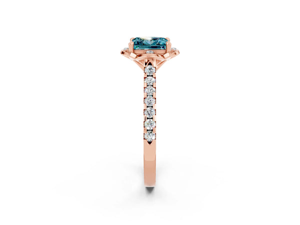 Rose gold Princess Cut Blue Topaz Ring with Pavé Band and Floral Prong Setting
