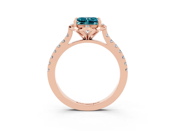 Rose gold Princess Cut Blue Topaz Ring with Pavé Band and Floral Prong Setting