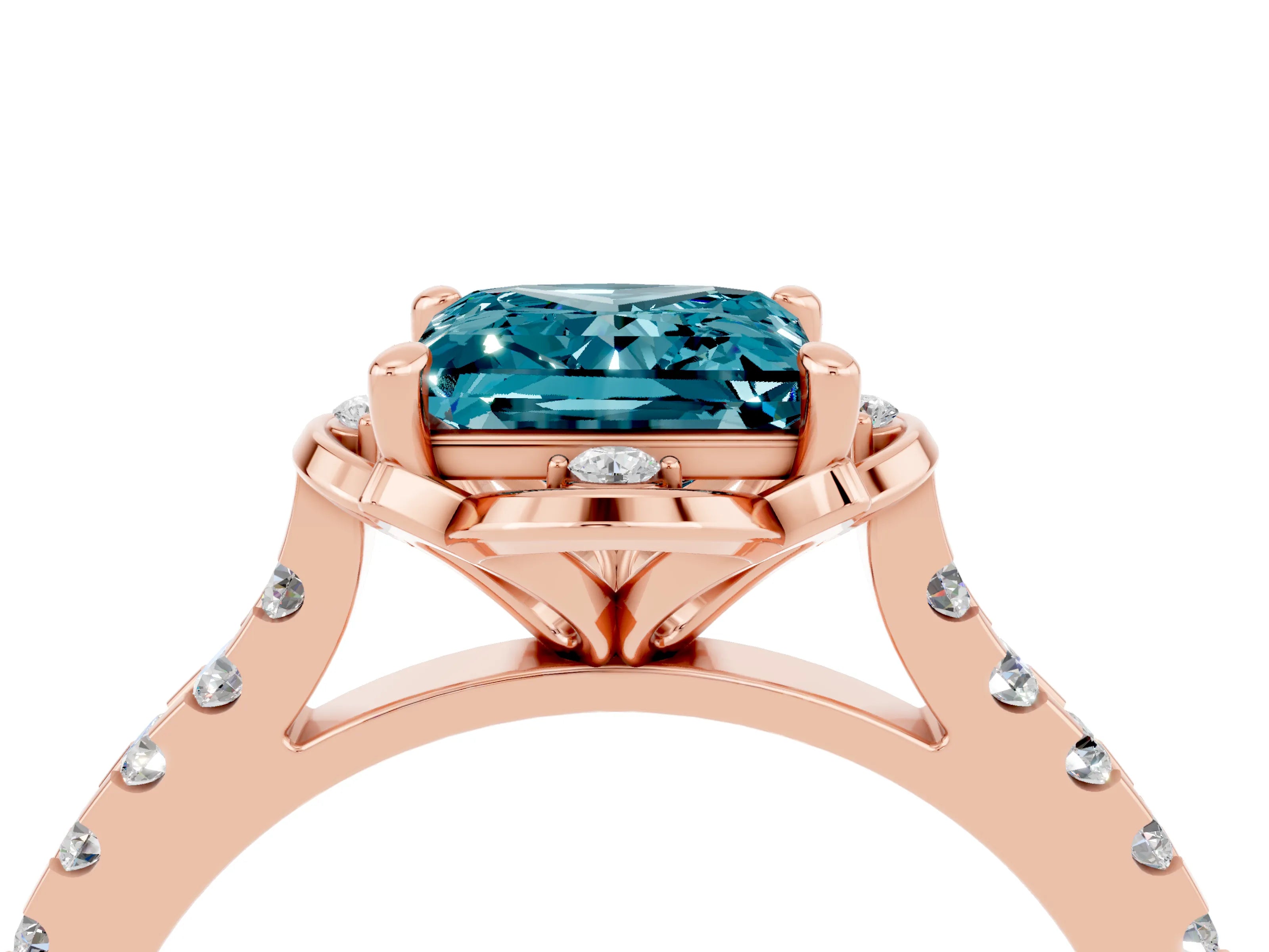 Rose gold Princess Cut Blue Topaz Ring with Pavé Band and Floral Prong Setting_4