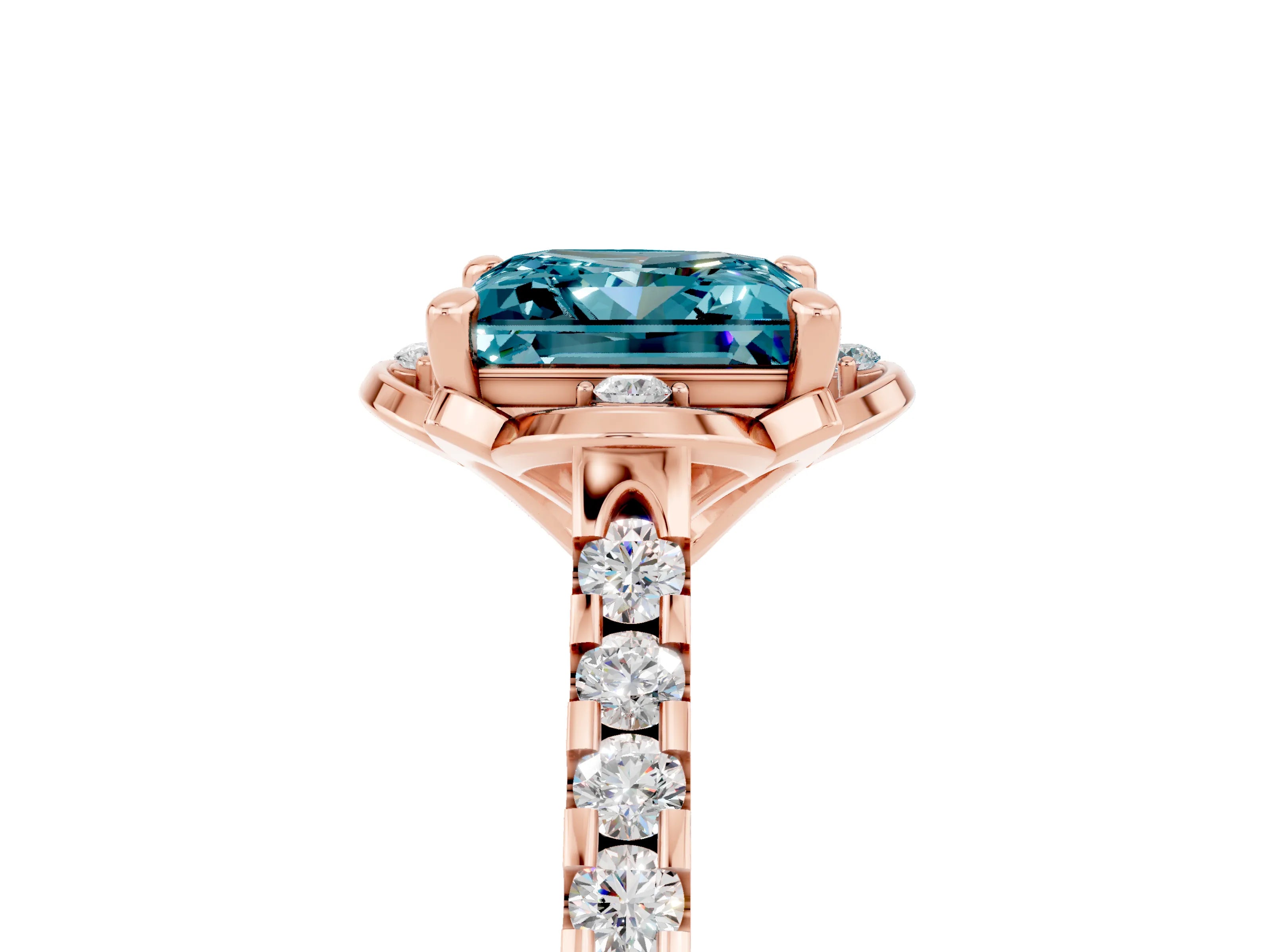 Rose gold Princess Cut Blue Topaz Ring with Pavé Band and Floral Prong Setting_5