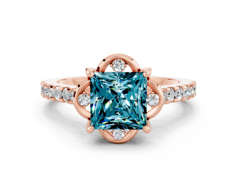 Rose gold Princess Cut Blue Topaz Ring with Pavé Band and Floral Prong Setting