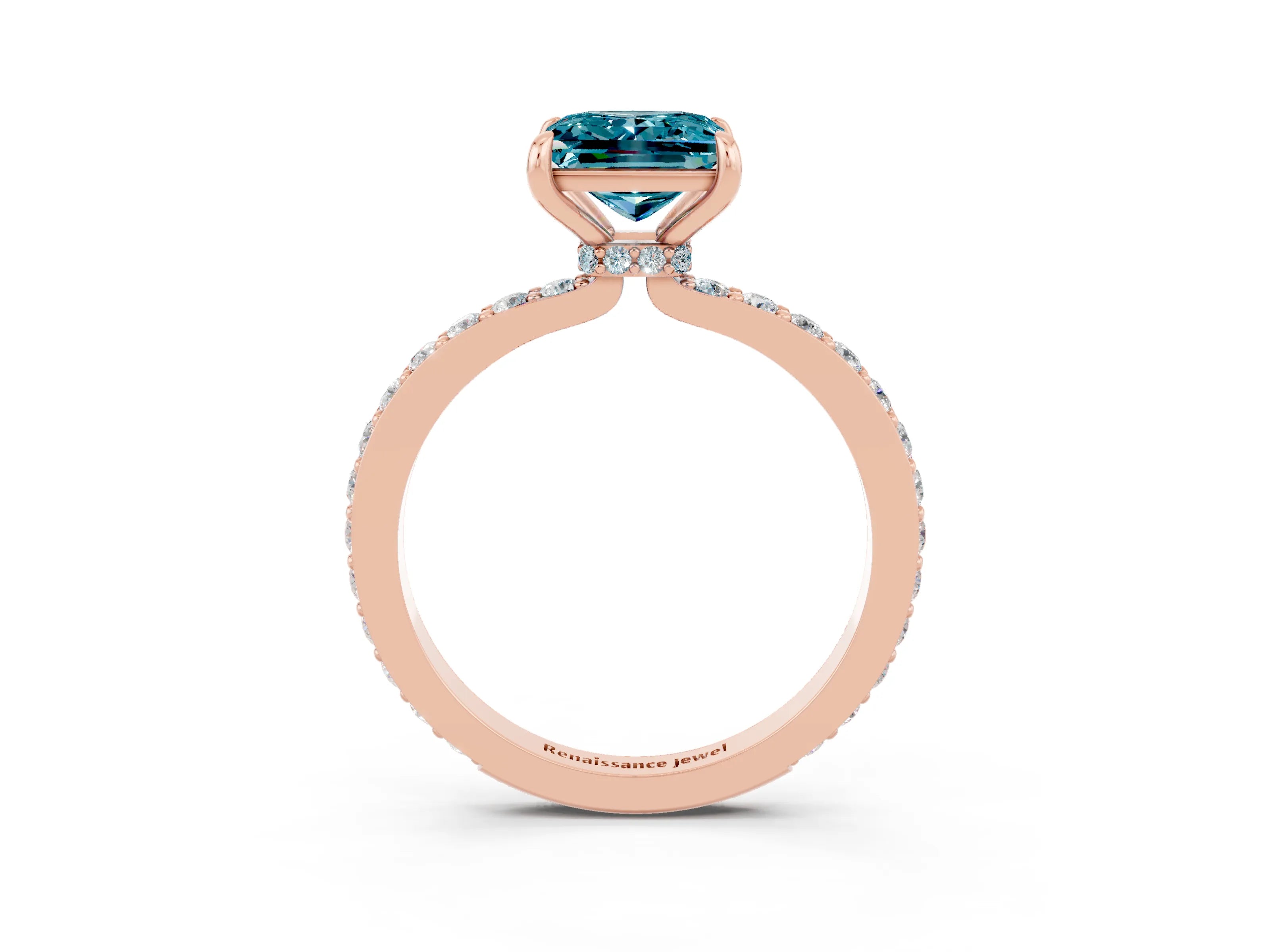 Rose gold Princess Cut Blue Topaz Ring with Pavé Band and Four-Prong Setting_3