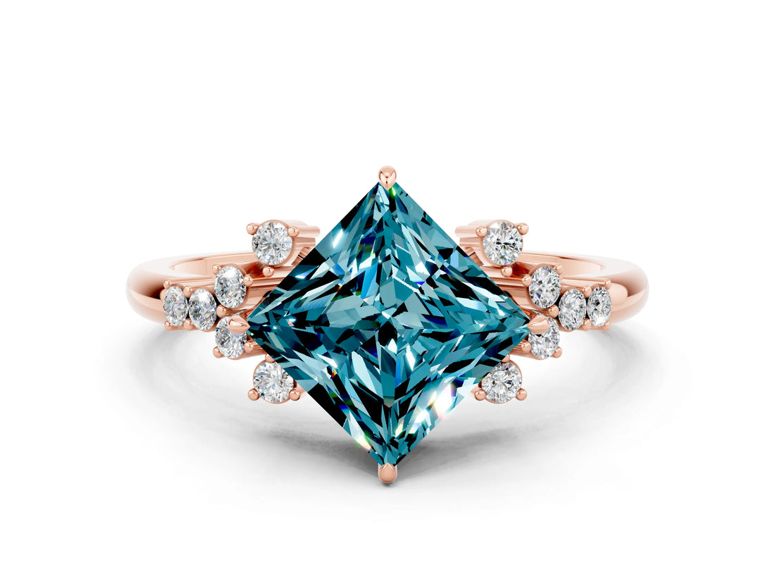 Rose gold Princess Cut Blue Topaz Ring with Side Stones and Four-Prong Setting_36
