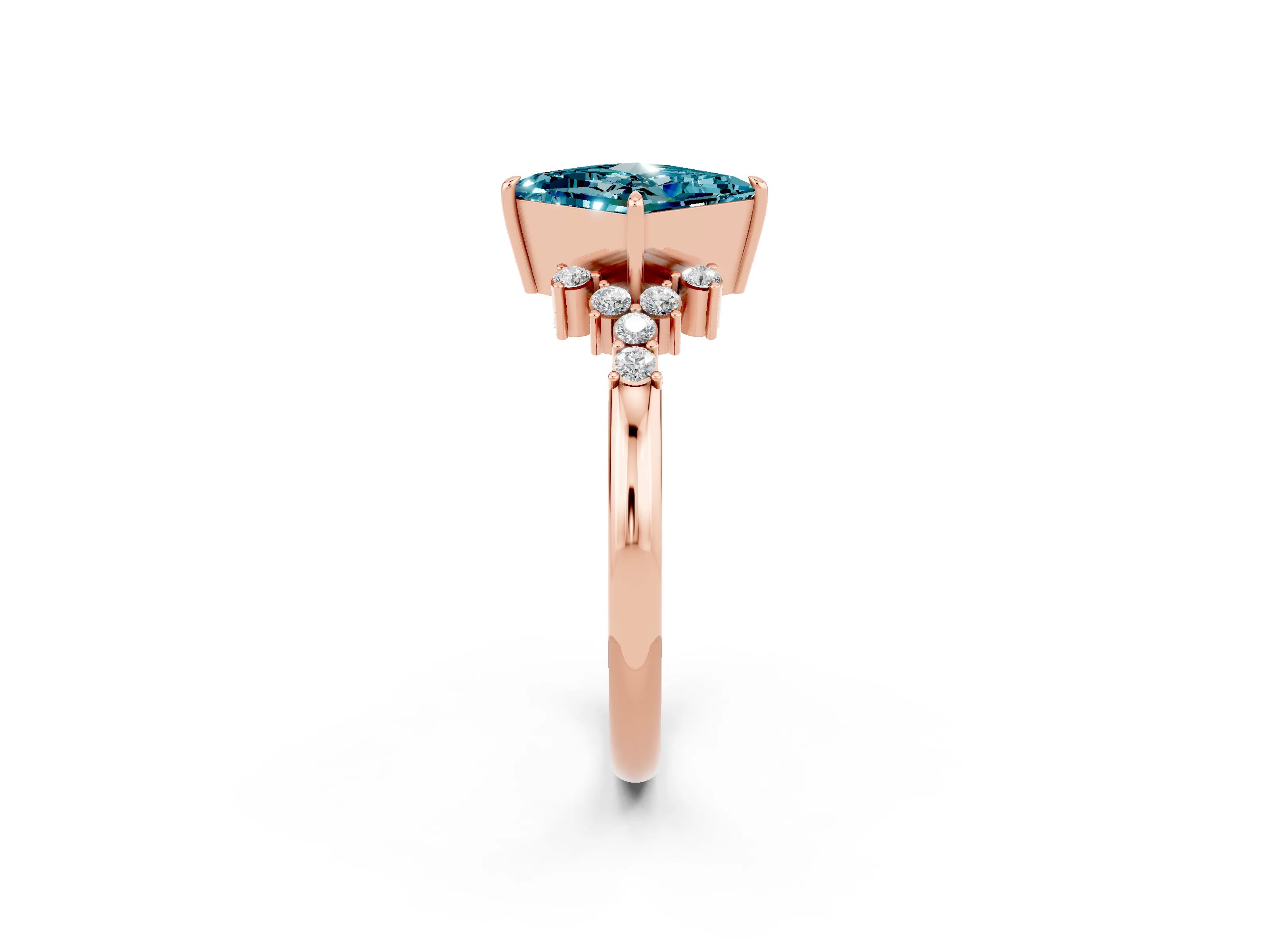 Rose gold Princess Cut Blue Topaz Ring with Side Stones and Four-Prong Setting_38