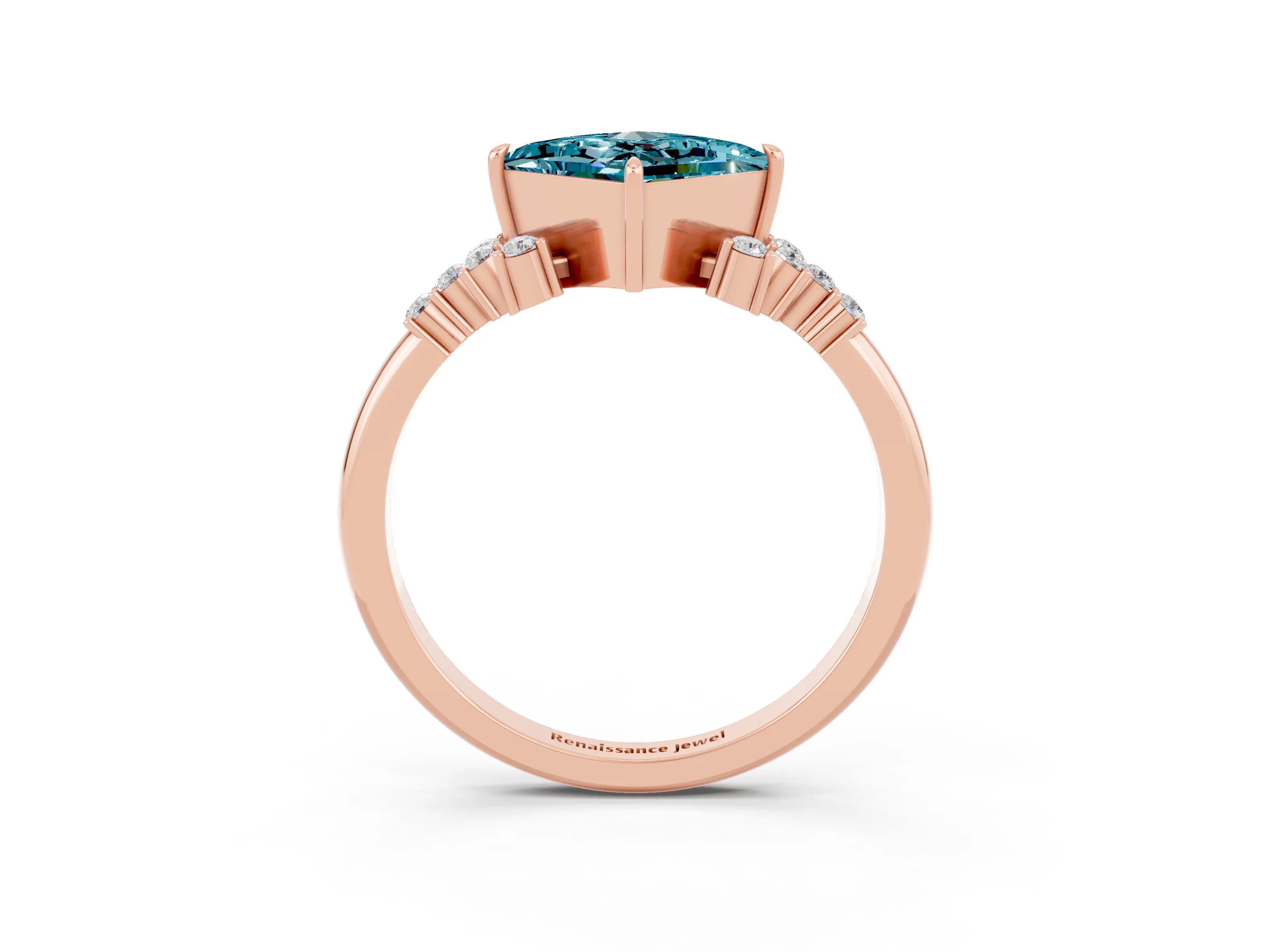 Rose gold Princess Cut Blue Topaz Ring with Side Stones and Four-Prong Setting_39
