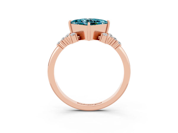 Rose gold Princess Cut Blue Topaz Ring with Side Stones and Four-Prong Setting